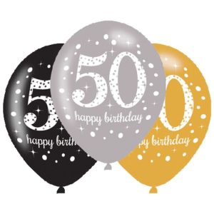 Blister 6 Balões Látex Preto-Prateado-Dourado Happy Birthday 50 Anos 27.5Cm