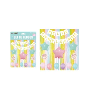 Grinalda Happy Birthday 3Mt + Cortina Pastel 2x1Mt + 8 Balões Látex 25-30Cm + 3 Balões Foil Estrelas 25-45Cm
