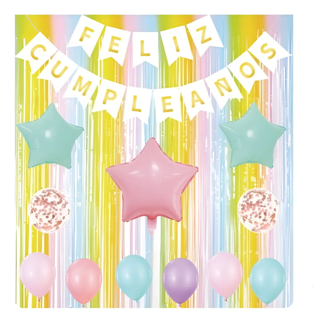 Grinalda Happy Birthday 3Mt + Cortina Pastel 2x1Mt + 8 Balões Látex 25-30Cm + 3 Balões Foil Estrelas 25-45Cm - Image 2