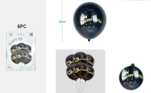 Blister 6 Balões Látex Pretos Feliz Aniversário Letras Douradas 30Cm