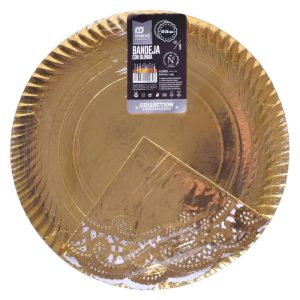 Bandeja de Cartão Redonda Dourada com Naperon 23Cm