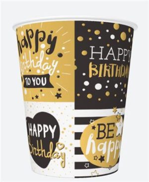 Conj. 8 Copos Papel Dourado-Branco-Preto Happy Birthday 250Ml
