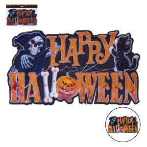 Placa de Porta com Luz Caveira Abóbora Halloween 39x26x1Cm