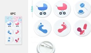 Blister 6 Crachás Baby Shower Rosa-Azul Pés-Carrinho 4.5Cm