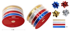 Blister 4 Rolos Fita Presente 3Mt x 10mm (Dourado-Azul-Vermelho-Prateado) + 4 laços