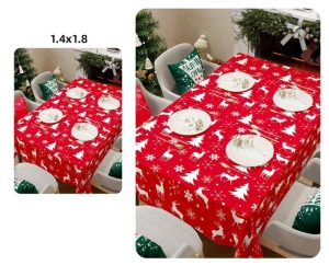 Toalha de Mesa de Natal Vermelha Árvores e Renas Impermeável 140x180Cm