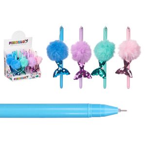 Caneta Sereia com Pompom (4 Cores Sortidas)