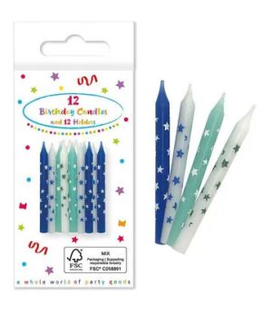 Conj. 12 Velas Azul/Azul Claro/Verde Menta Estrelas Mini