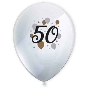 Conj. 6 Balões Látex Brancos 50 Anos 27.5Cm