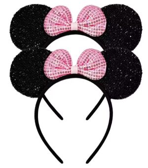 Bandolete Orelhas Pretas Brilhantes Laço Rosa Lantejoulas Minnie