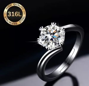 Anel Aço Inoxidável Ajustável Prateado Com Pedras de Zircônia 3A Brilhantes