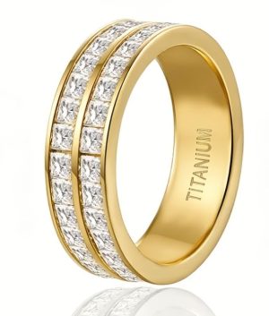 Anel Aço Titânio Dourado Duplo com Zircónias Cúbicas Nº8 (57mm)