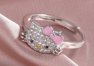 Anel Prateado Ajustável Laço Rosa Hello Kitty