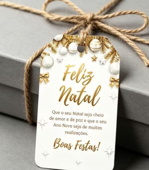 Conj. 8 Cartões de Natal Branco/Dourados Feliz Natal e Boas Festas 6,5x4Cm