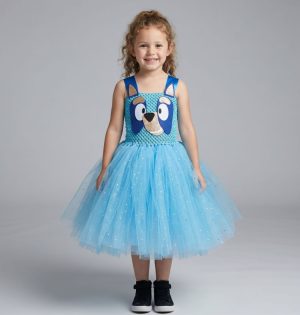 Vestido Azul e Dourado com Tule e Lantejoulas Bluey