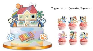 Topper Bolo Aniversário Bluey Happy + 15 Toppers Cupcakes