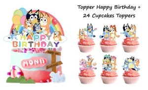 Topper Bolo Aniversário Happy Birthday + 24 Toppers Cupcakes Bluey Arco Íris