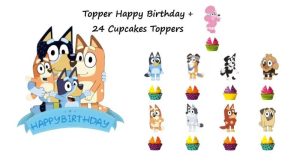 Topper Bolo Aniversário Happy Birthday + 24 Toppers Cupcakes Bluey Família