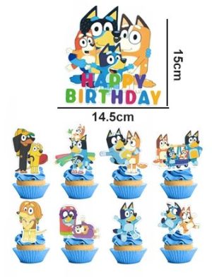 Topper Bolo Aniversário Happy Birthday + 24 Toppers Cupcakes Bluey e Família