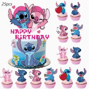 Topper Bolo Aniversário Happy Birthday + 24 Toppers Cupcakes Stitch & Angel