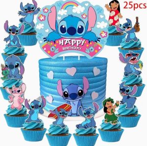 Topper Bolo Aniversário Happy Birthday + 24 Toppers Cupcakes Stitch & Scrump