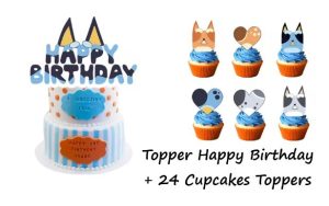 Topper Bolo Aniversário Happy Birthday + 24 Toppers Cupcakes Bluey Orelhas