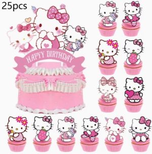Topper Bolo Aniversário Happy Birthday + 24 Toppers Cupcakes Hello Kitty