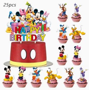 Topper Bolo Aniversário Happy Birthday + 24 Toppers Cupcakes Mickey & Friends