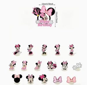 Topper Bolo Aniversário Happy Birthday + 16 Toppers Cupcakes Minnie Baby