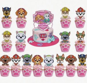 Topper Bolo Aniversário Happy Birthday + 16 Toppers Cupcakes Patrulha Pata Skye e Everest