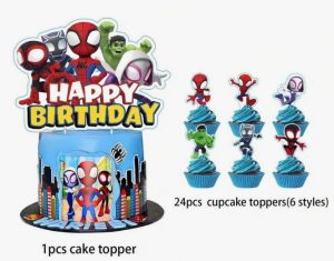 Topper Bolo Aniversário Happy Birthday + 24 Toppers Cupcakes Spidey