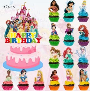 Topper Bolo Aniversário Happy Birthday + 30 Toppers Cupcakes Princesas