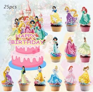 Topper Bolo Aniversário Happy Birthday + 24 Toppers Cupcakes Princesas Castelo