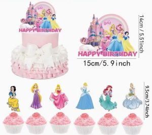 Topper Bolo Aniversário Happy Birthday + 24 Toppers Cupcakes Princesas Arco-Íris