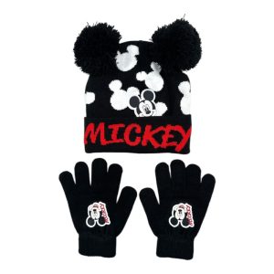 Conj. Gorro com Pompom + Luvas Preto Mickey