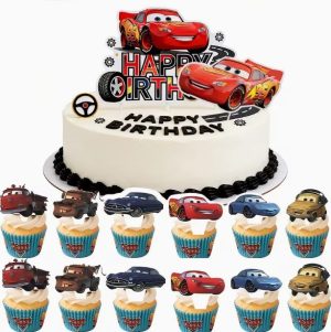 Conj. 2 Toppers Bolo Aniversário Happy Birthday + 12 Toppers Cupcakes Cars